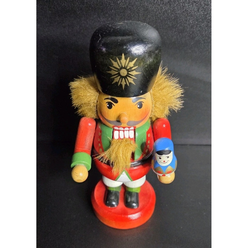 Vintage Wooden Nutcracker Soldier w/ Fur Trim & Mini Doll 7" Hand Painted Decor